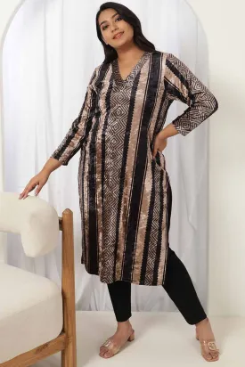 Black Beige Stripe Velvet Kurta