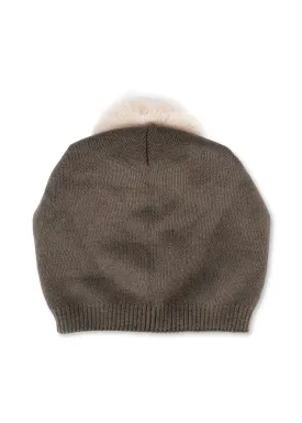 Brooklyn Beanie Army/Beige Faux Fur Pom