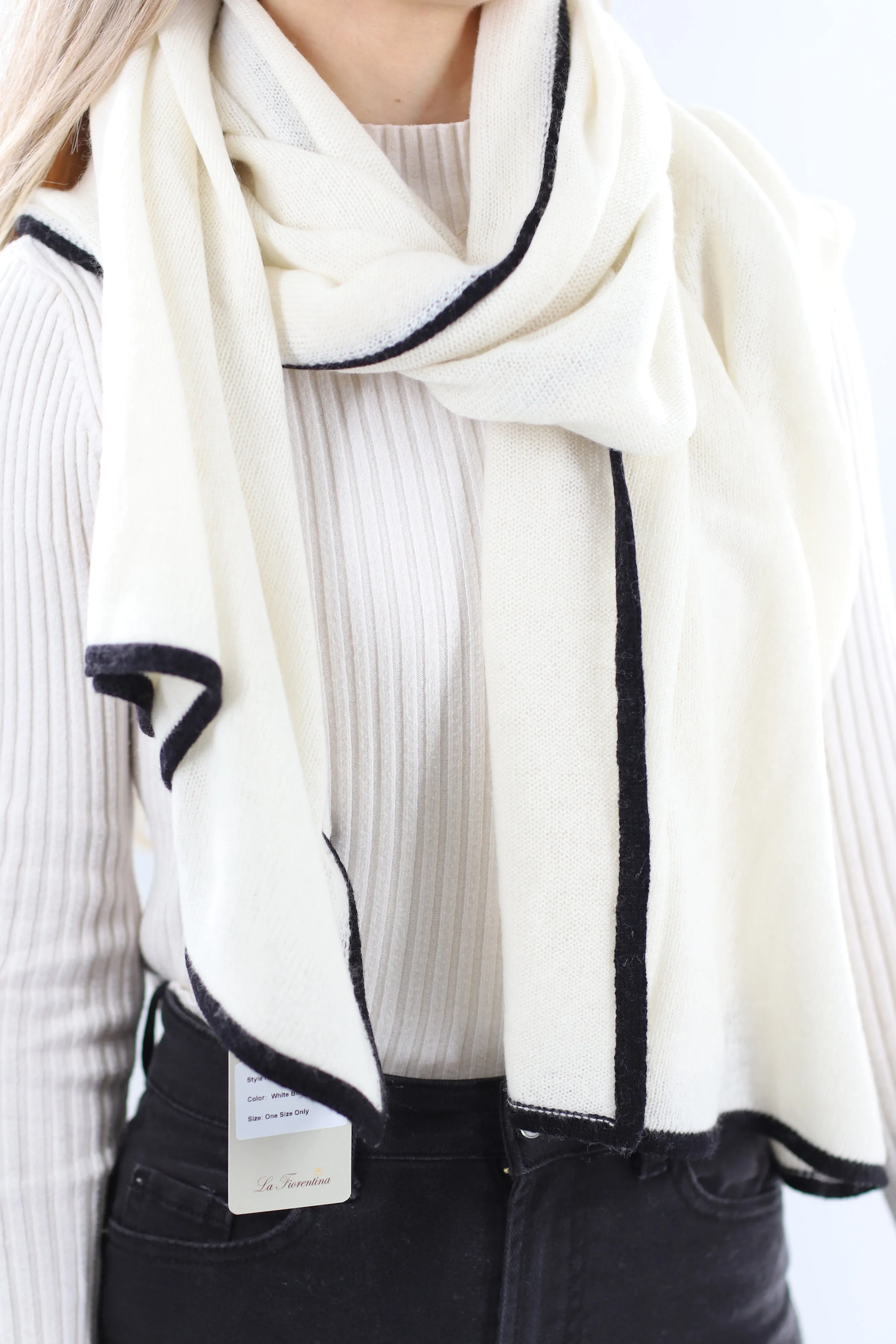 Cashmere Blend Scarf with Color Block Border  - Ivory/Black