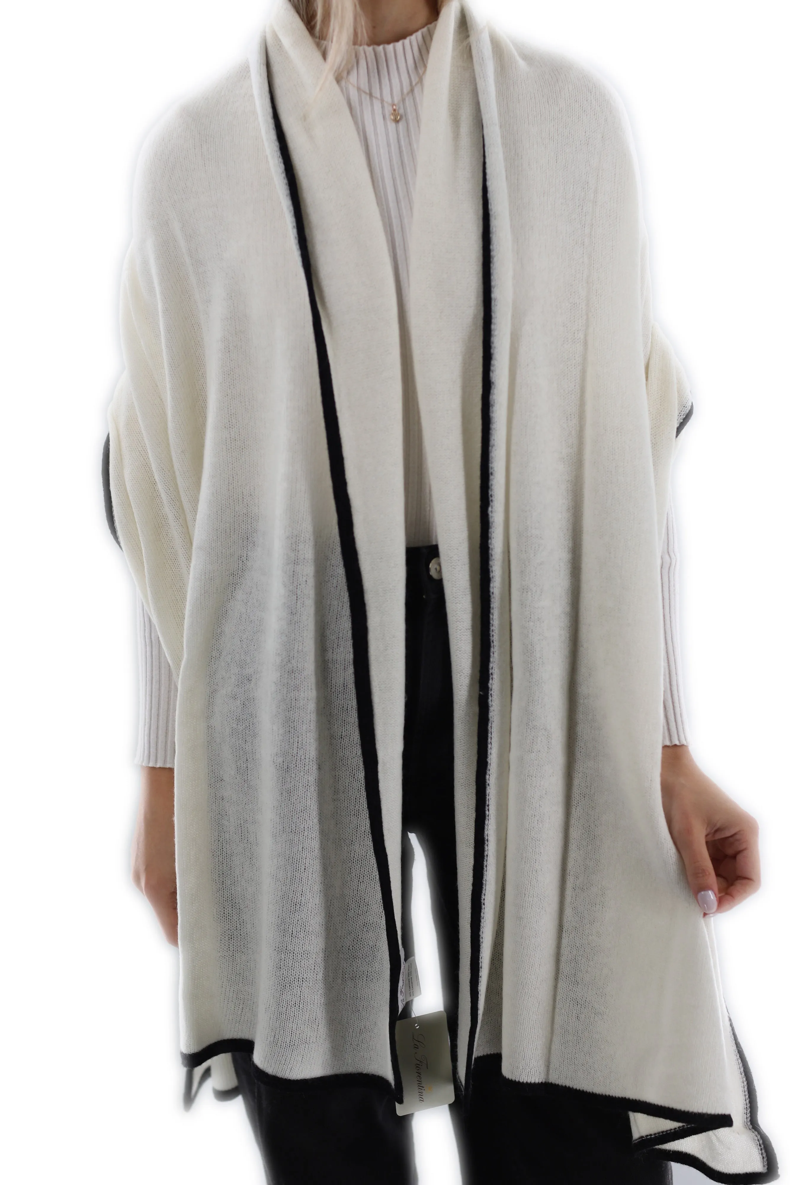 Cashmere Blend Scarf with Color Block Border  - Ivory/Black