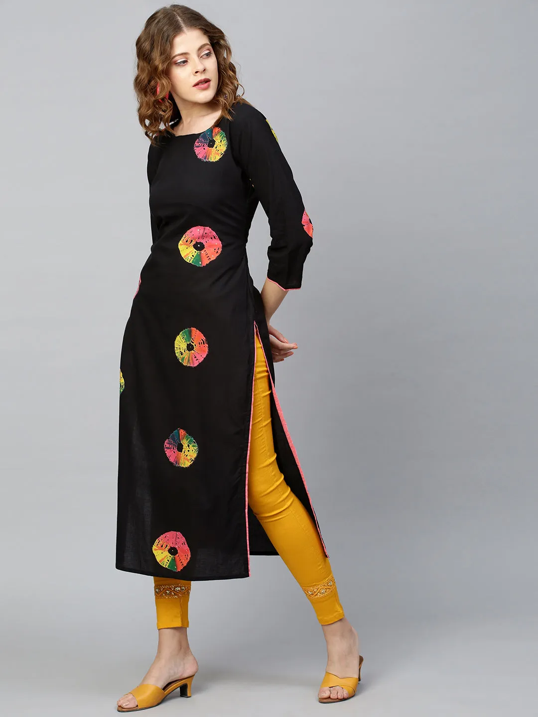 Colorful Bandhej Kurta - Black