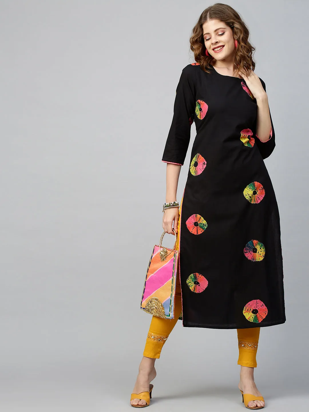 Colorful Bandhej Kurta - Black