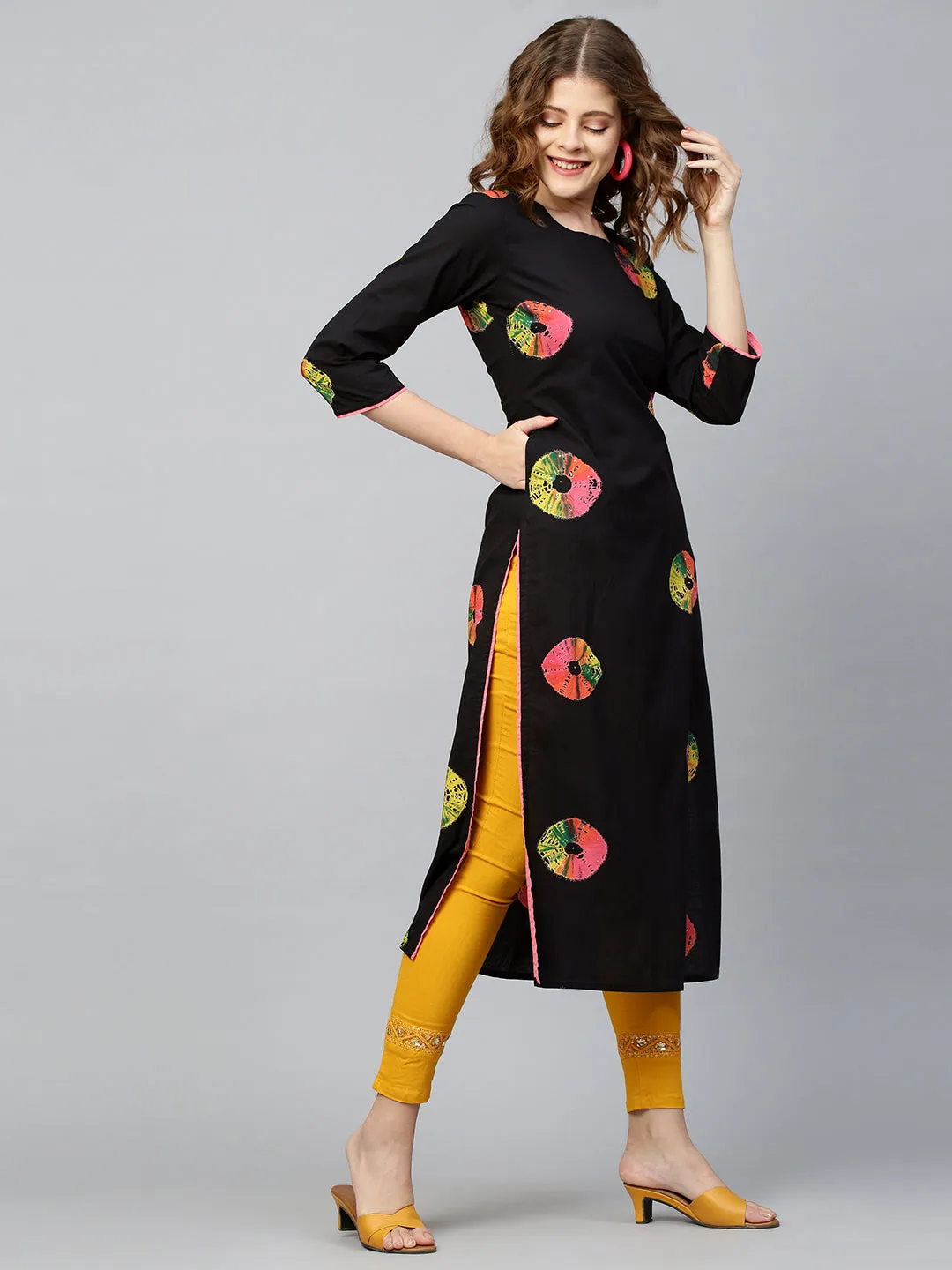 Colorful Bandhej Kurta - Black