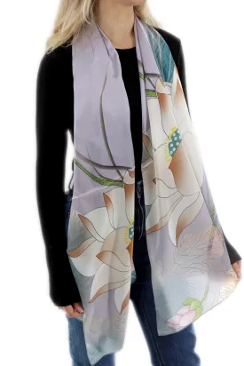 Elegant 100% Silk Floral Print Scarf - Light Grey - One Size (38x30in)