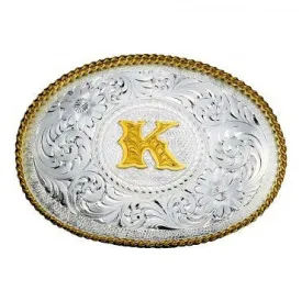 "Choose Your Initial" Silver Engraved Gold Trim Western Belt Buckle