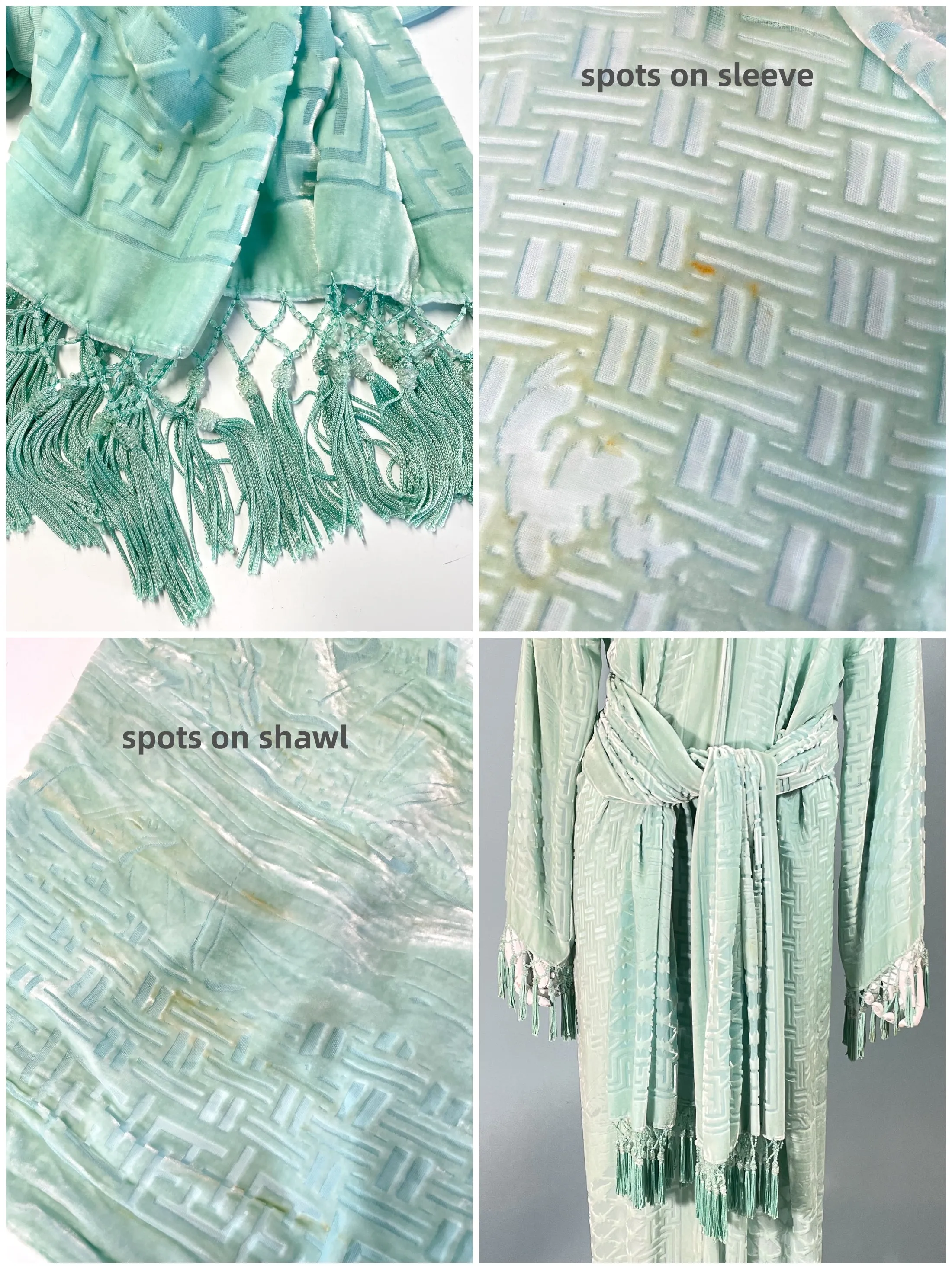 SOLD Vintage Mint/Celadon Burnout Velvet Jacket/Robe/Duster W/Bead Tassels & Shawl/One Size