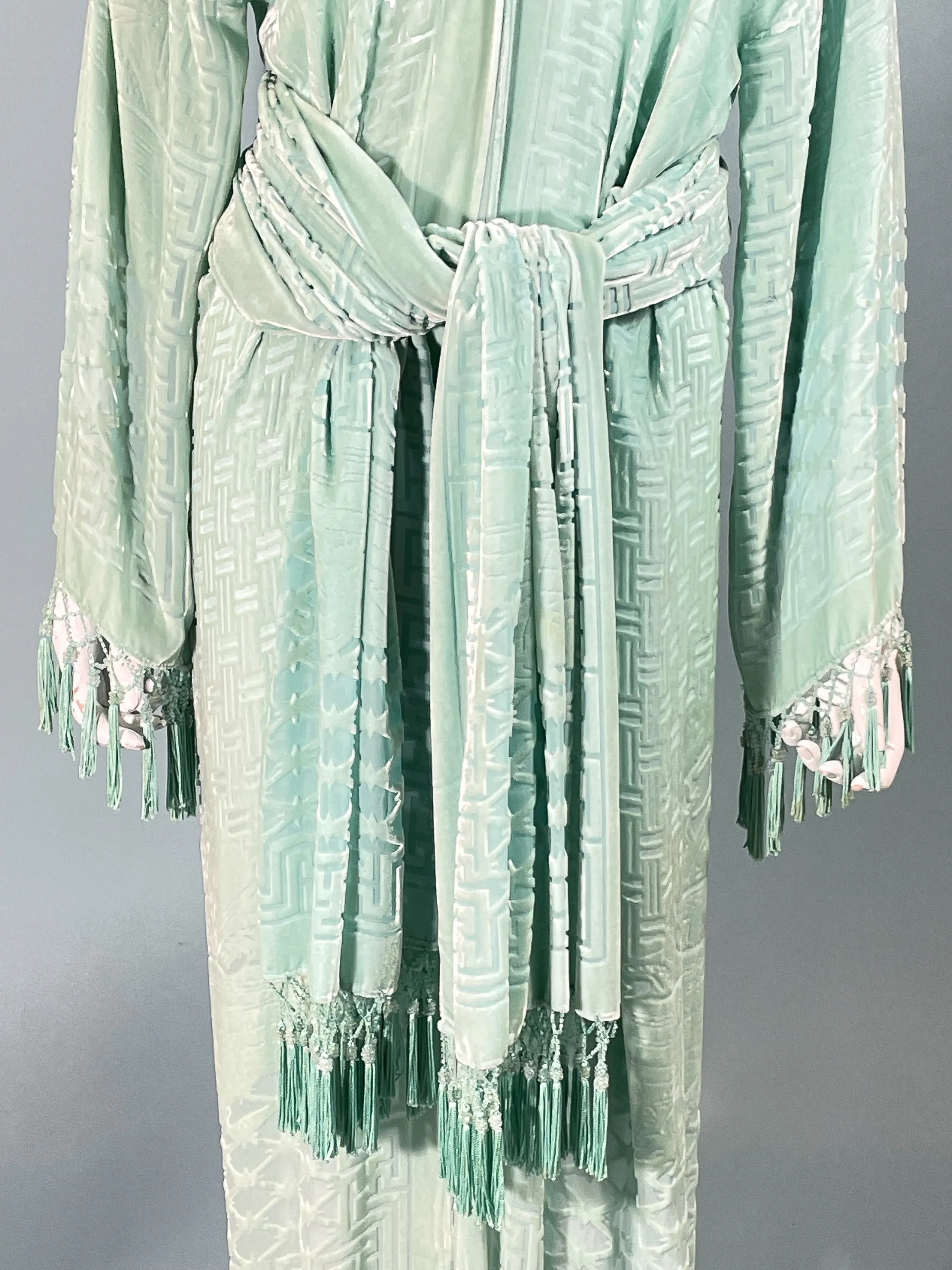 SOLD Vintage Mint/Celadon Burnout Velvet Jacket/Robe/Duster W/Bead Tassels & Shawl/One Size