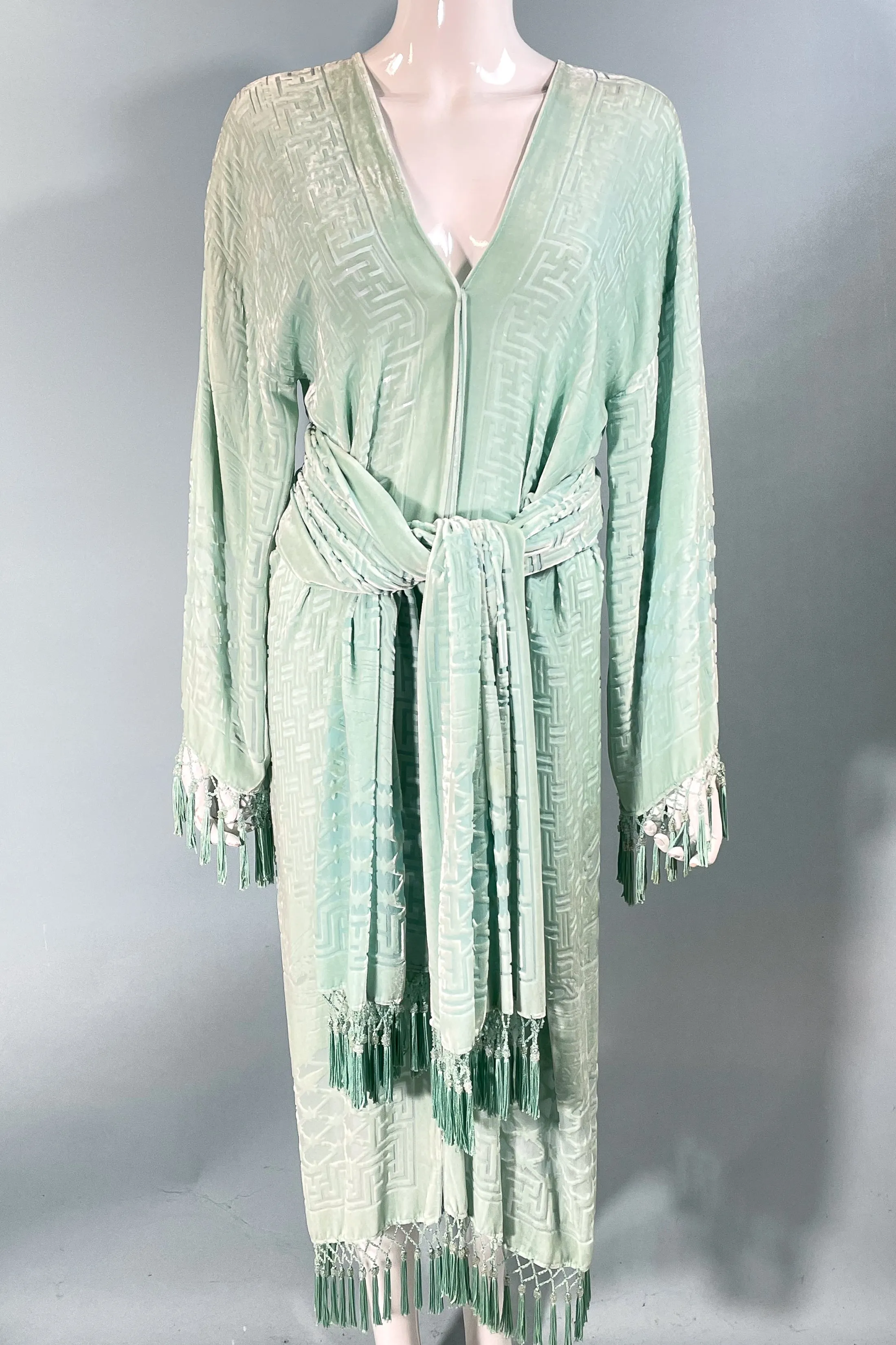 SOLD Vintage Mint/Celadon Burnout Velvet Jacket/Robe/Duster W/Bead Tassels & Shawl/One Size