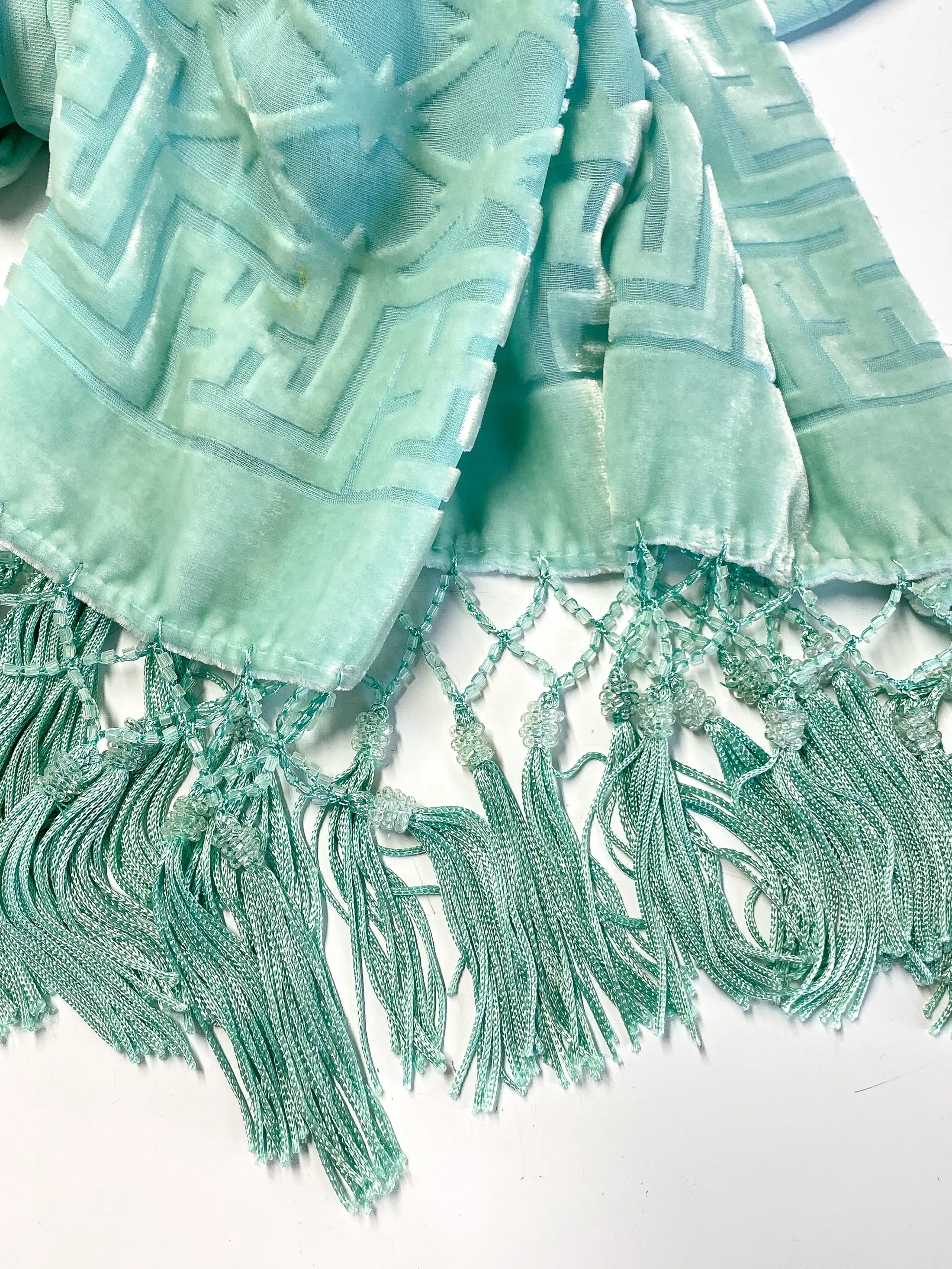 SOLD Vintage Mint/Celadon Burnout Velvet Jacket/Robe/Duster W/Bead Tassels & Shawl/One Size