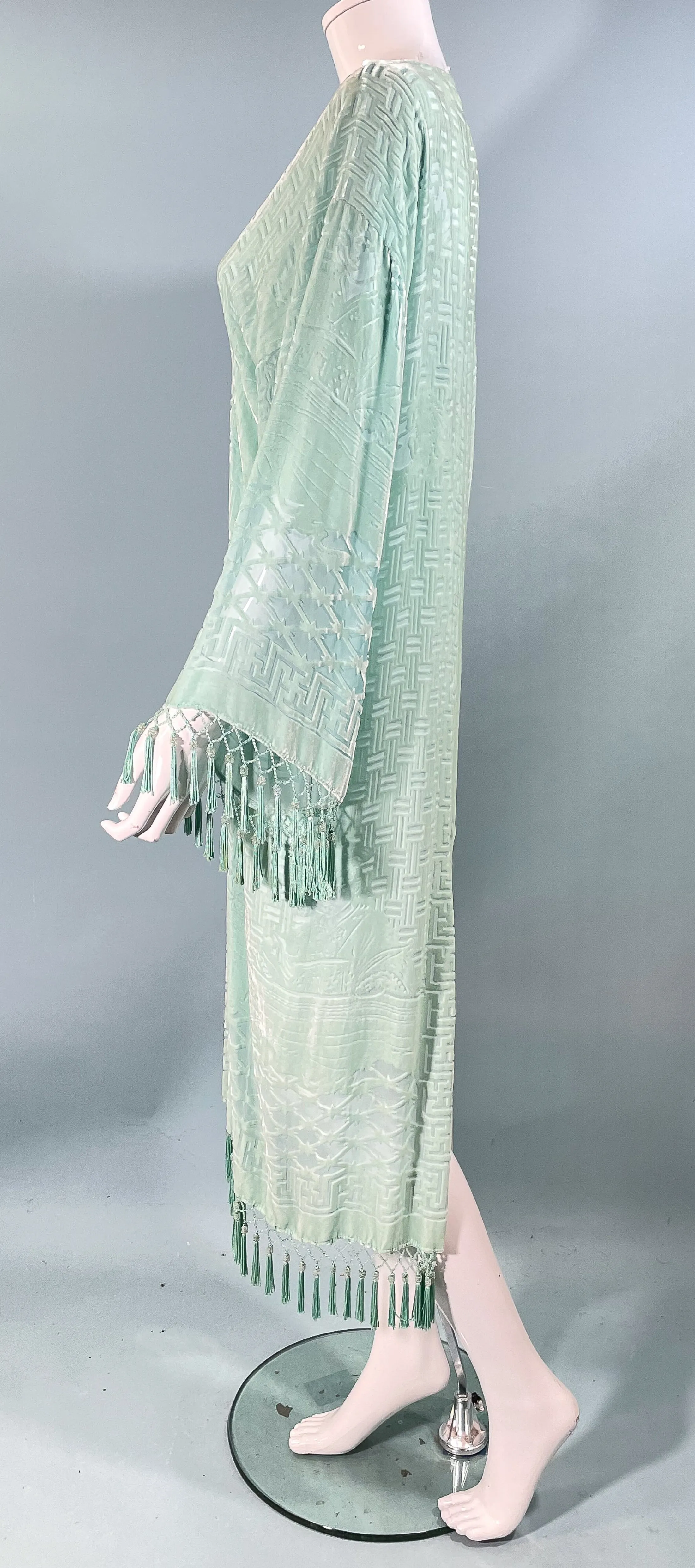 SOLD Vintage Mint/Celadon Burnout Velvet Jacket/Robe/Duster W/Bead Tassels & Shawl/One Size